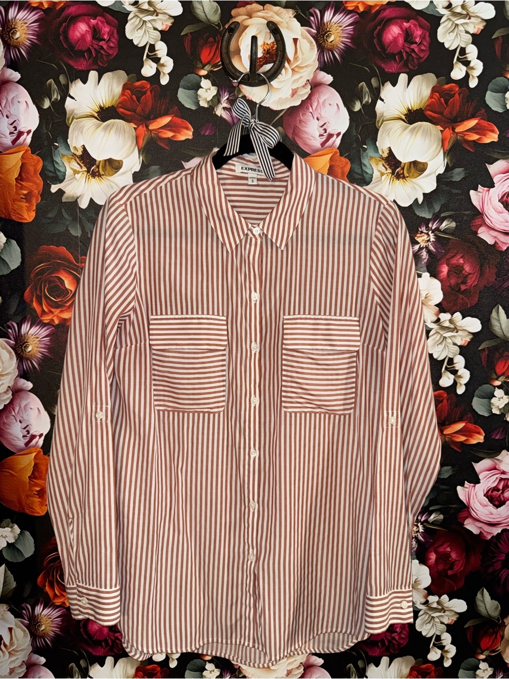 Express Women's Rust and White Striped Boyfriend Style Button-Down Shirt, Medium